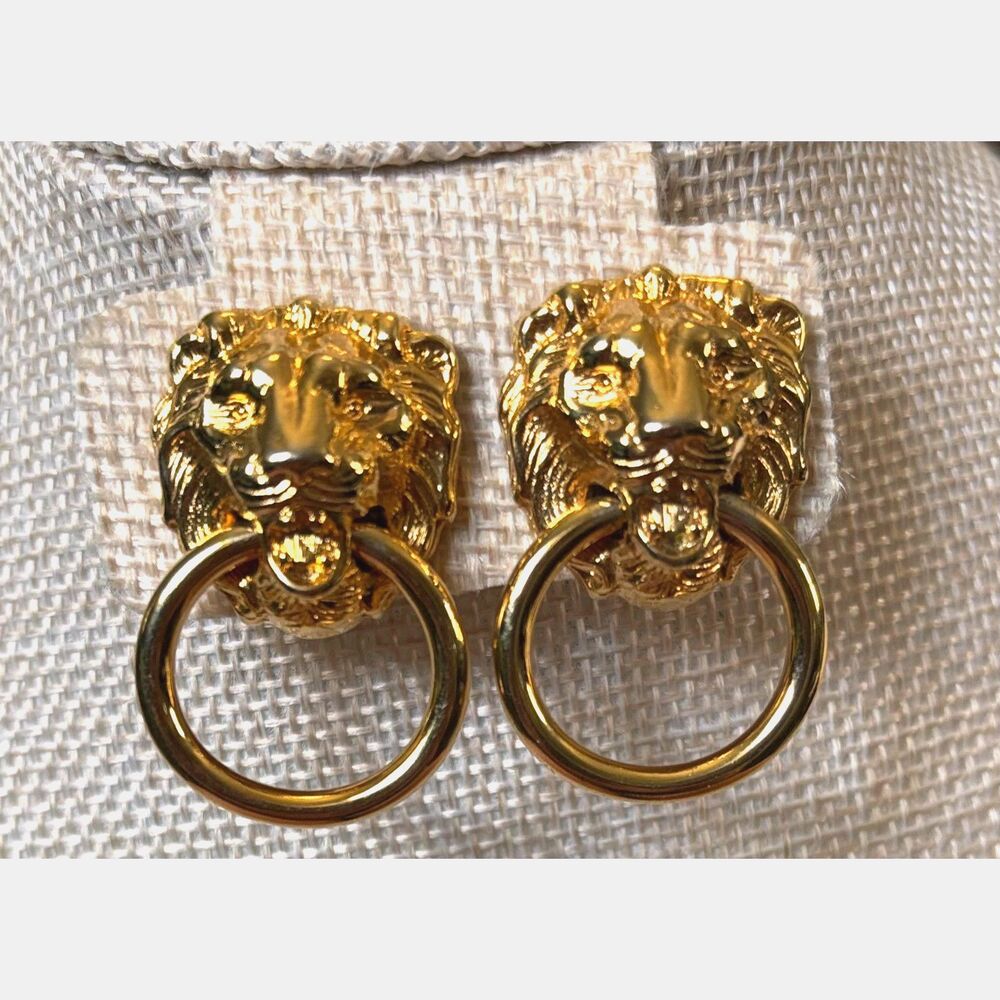 VTG Gold Tone Lion Head Door Knocker Clip On Earrings 80s Statement